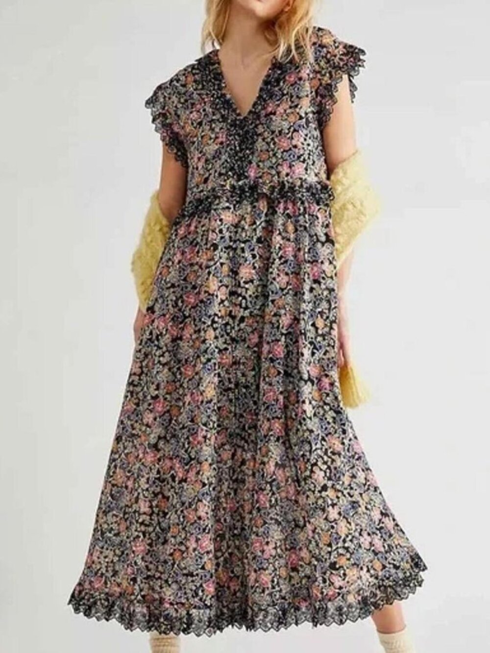 Free People Milania Floral Lace Cotton Midi Dress Dark Combo M
